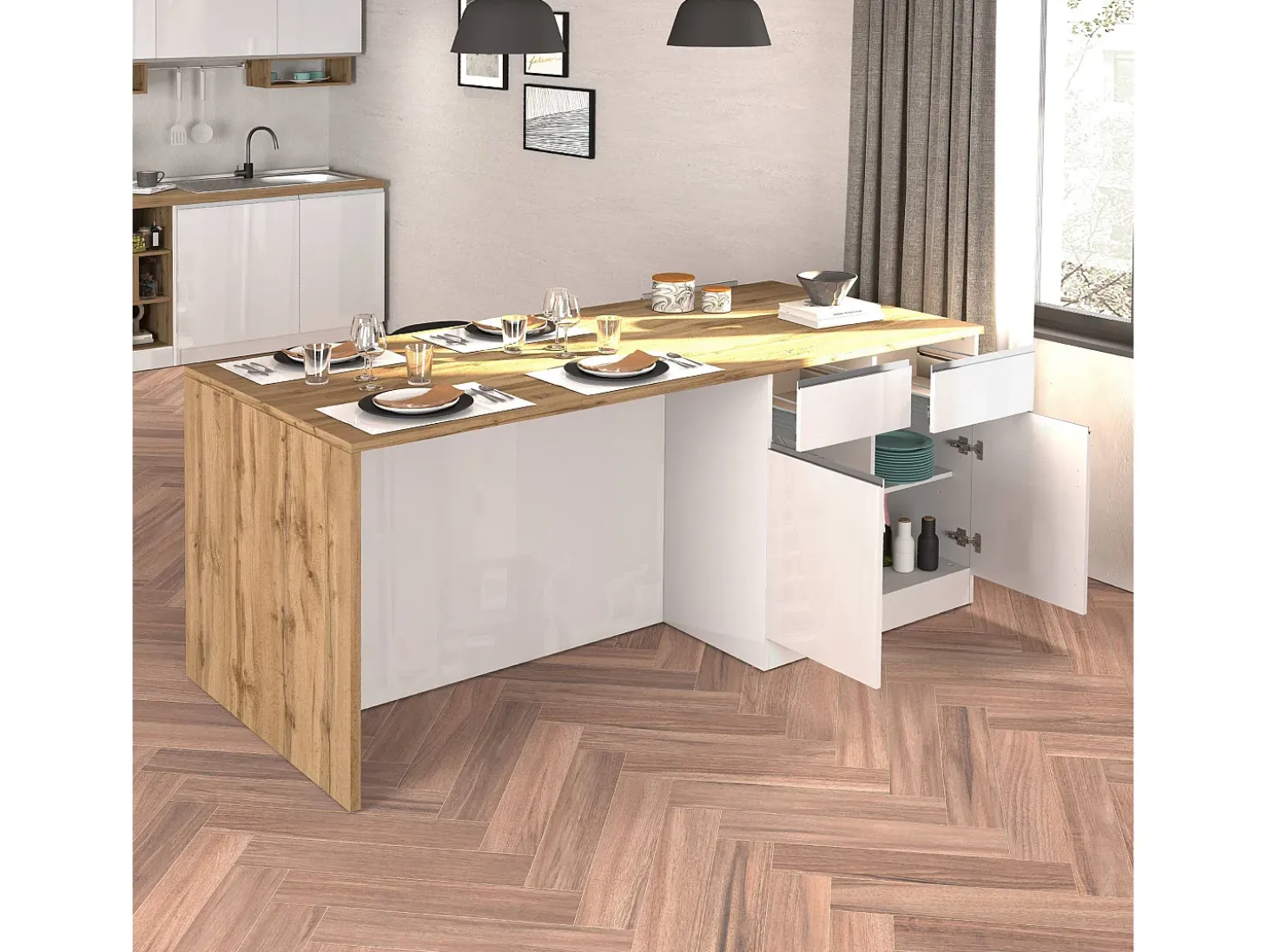 Isla de cocina Sole con 4 puertas y 4 cajones, blanco brillo y roble, 200 x 90 x 90 cm