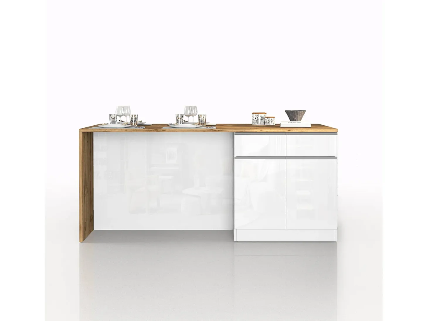 Isla de cocina Sole con 4 puertas y 4 cajones, blanco brillo y roble, 200 x 90 x 90 cm