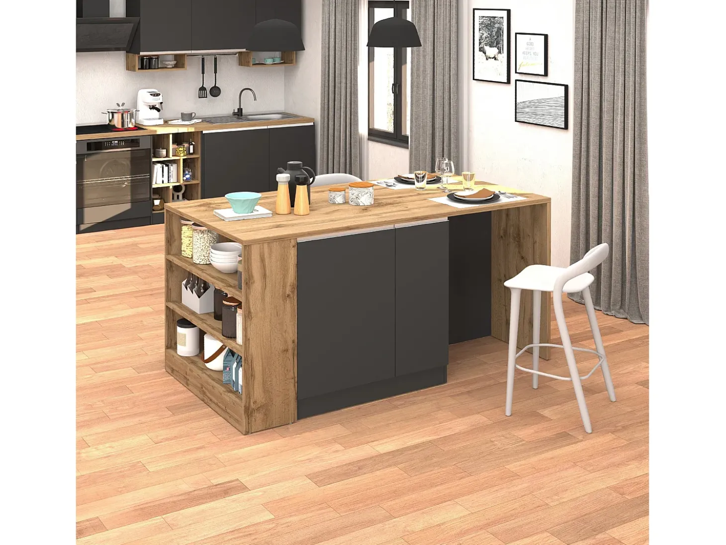 Isla de cocina Sole con 2 puertas, 2 cajones y 1 estante, color antracita mate/roble, 168 x 90 x 91 cm