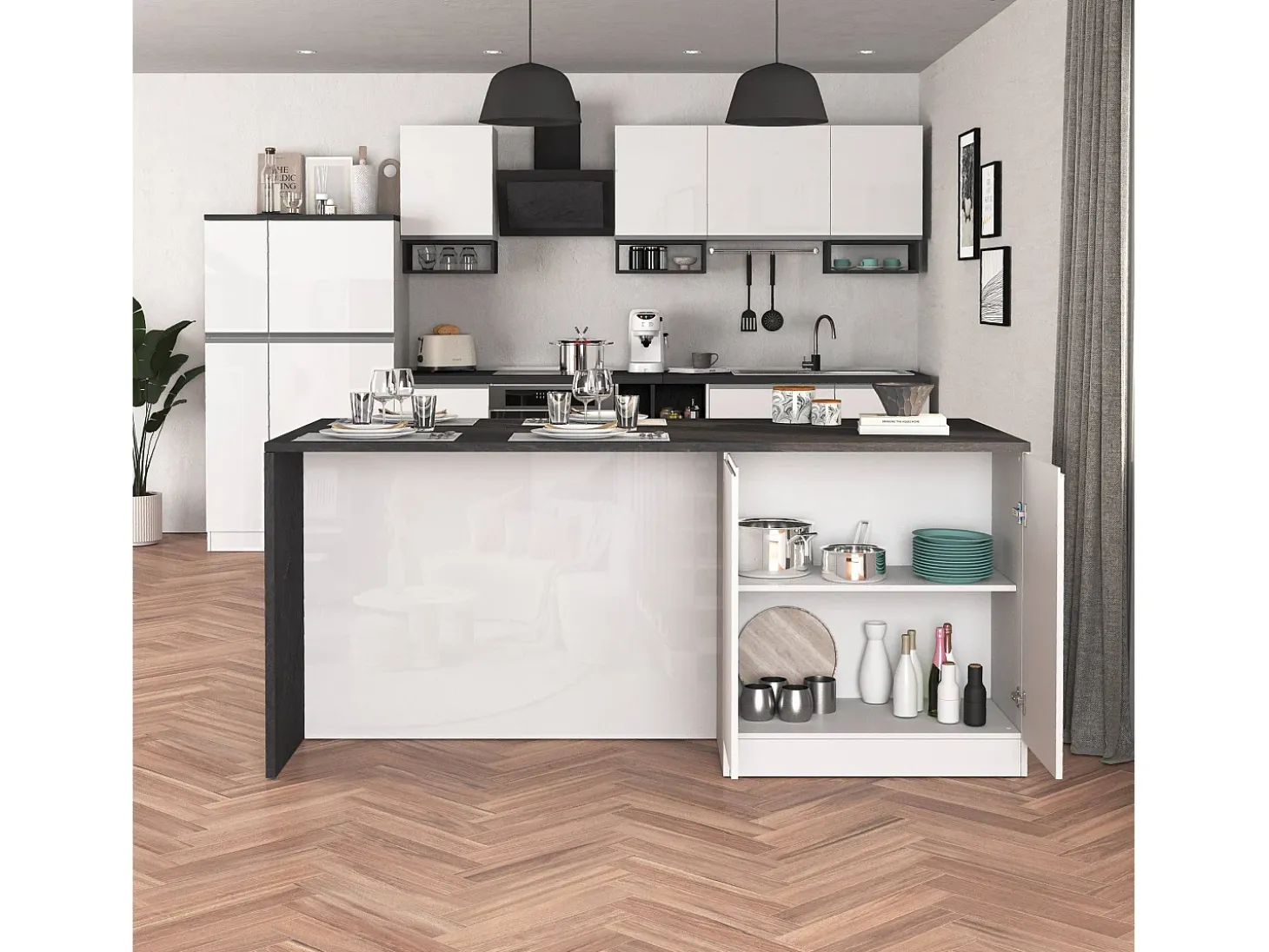 Isla de cocina Sole con 4 puertas en blanco brillo y report 200x90x90 cm