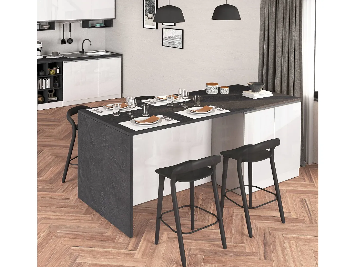 Isla de cocina Sole con 4 puertas en blanco brillo y report 200x90x90 cm