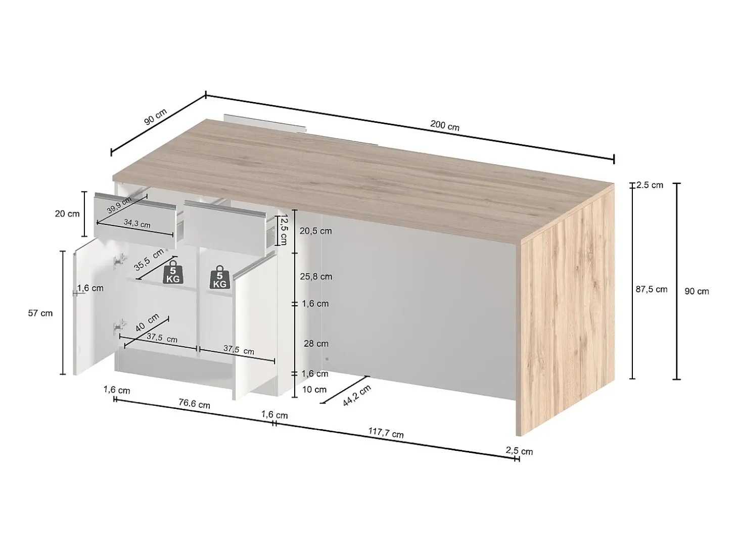 Isla de cocina Sole con 4 puertas y 4 cajones, color antracita mate/roble, 200 x 90 x 90 cm