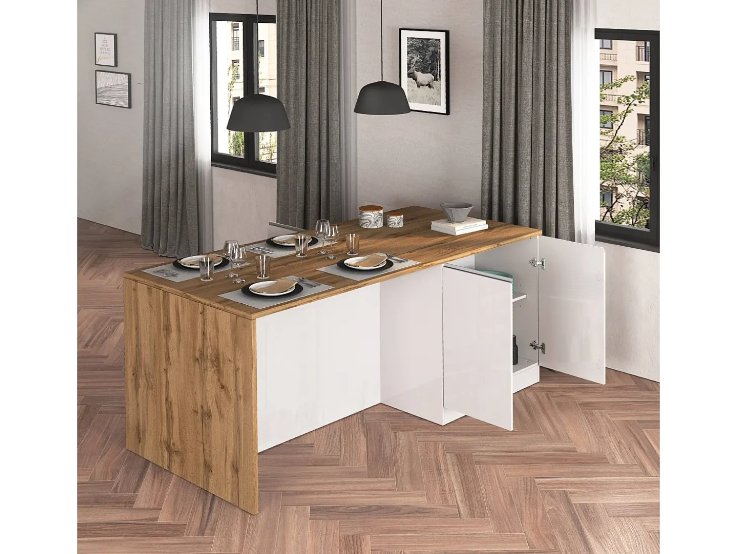 Isla de cocina Sole con 4 puertas, blanco brillo y roble, 200 x 90 x 90 cm