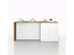 Isla de cocina Sole con 4 puertas, blanco brillo y roble, 200 x 90 x 90 cm