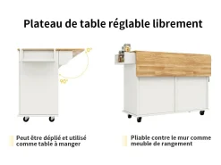 Isla de la cocina central en paneles MDF, con almacenamiento, ruedas giratorias, mesa plegable, 106x50/78x90.5cm, blanco