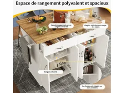 Isla de la cocina central en paneles MDF, con almacenamiento, ruedas giratorias, mesa plegable, 106x50/78x90.5cm, blanco