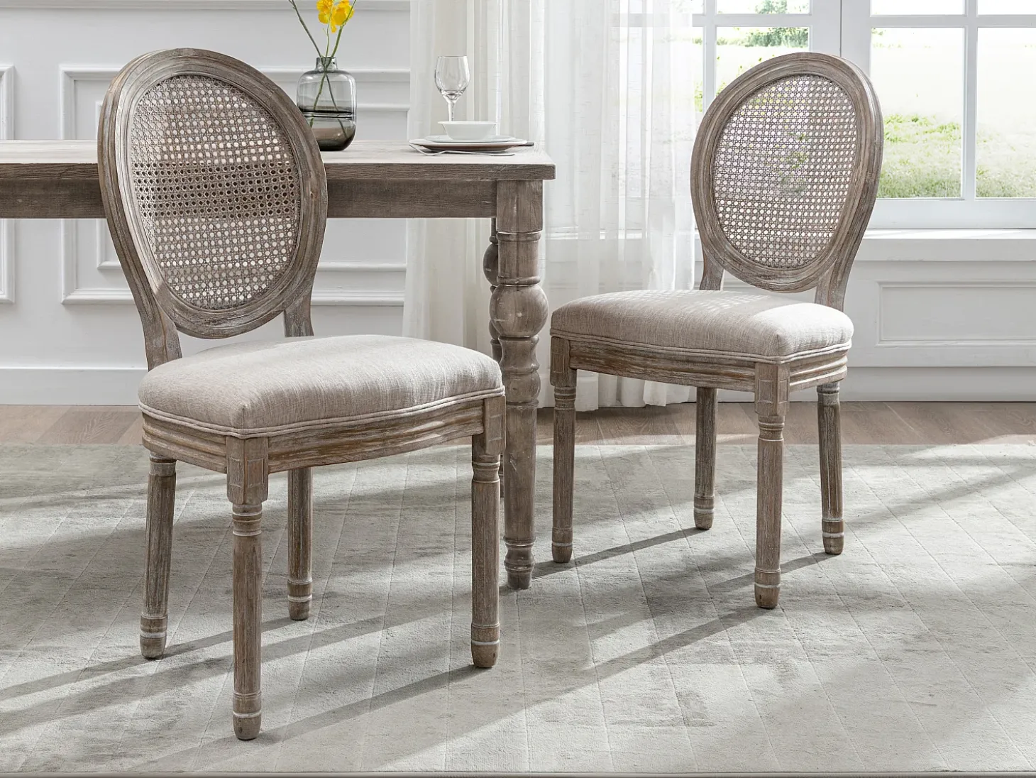Juego de 2 sillas - Rejilla, tela y madera de hevea - Beige - ANTOINETTE