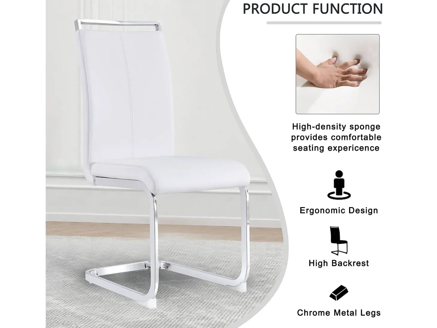 Juego de 4 sillas con base de trineo - Base de metal cromado Soporta hasta 120 kg Acolchado suave con funda de piel sintética - Blanco