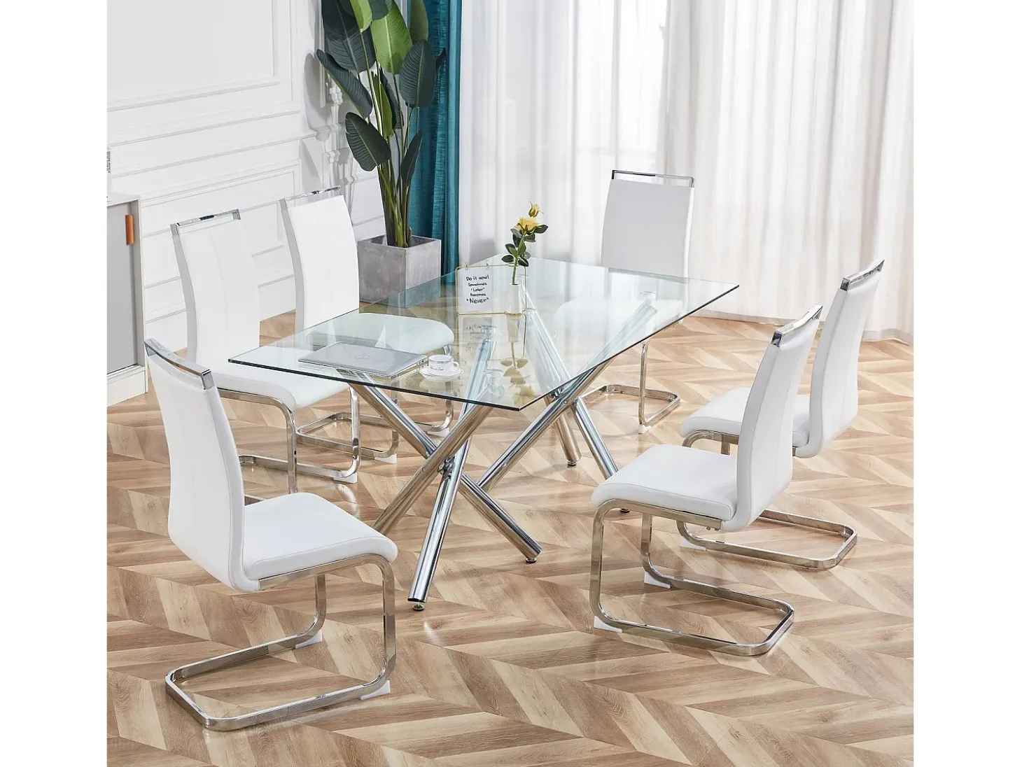 Juego de 4 sillas con base de trineo - Base de metal cromado Soporta hasta 120 kg Acolchado suave con funda de piel sintética - Blanco