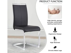 Juego de 4 sillas con base de trineo - Base de metal cromado que soporta hasta 120 kg, acolchado suave con funda de piel sintética - Color negro