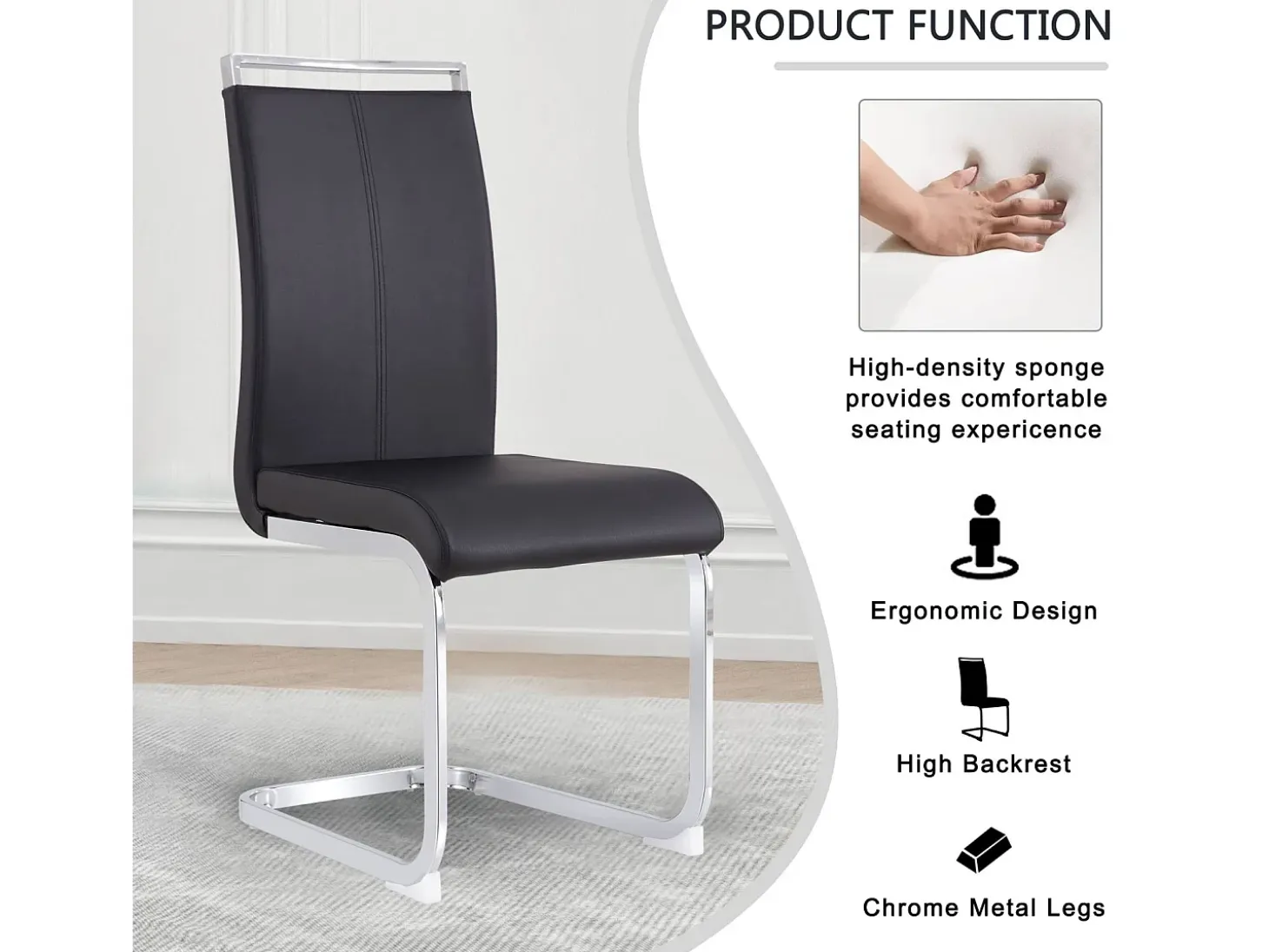 Juego de 4 sillas con base de trineo - Base de metal cromado que soporta hasta 120 kg, acolchado suave con funda de piel sintética - Color negro