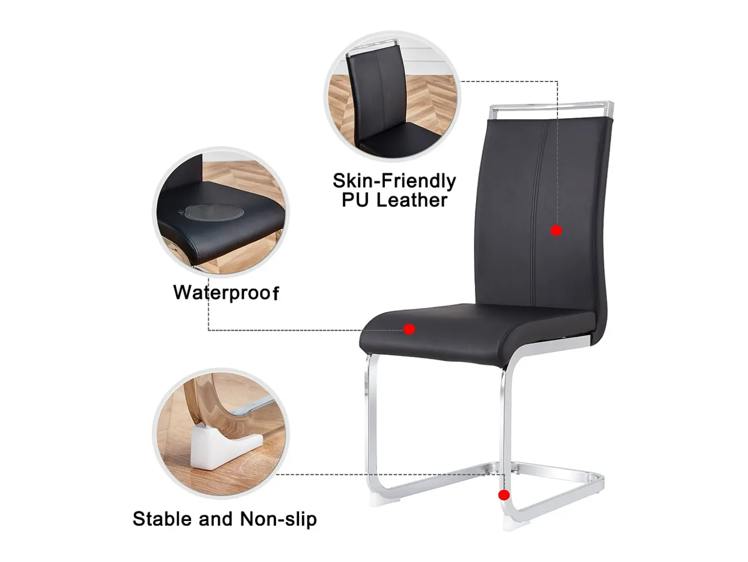 Juego de 4 sillas con base de trineo - Base de metal cromado que soporta hasta 120 kg, acolchado suave con funda de piel sintética - Color negro