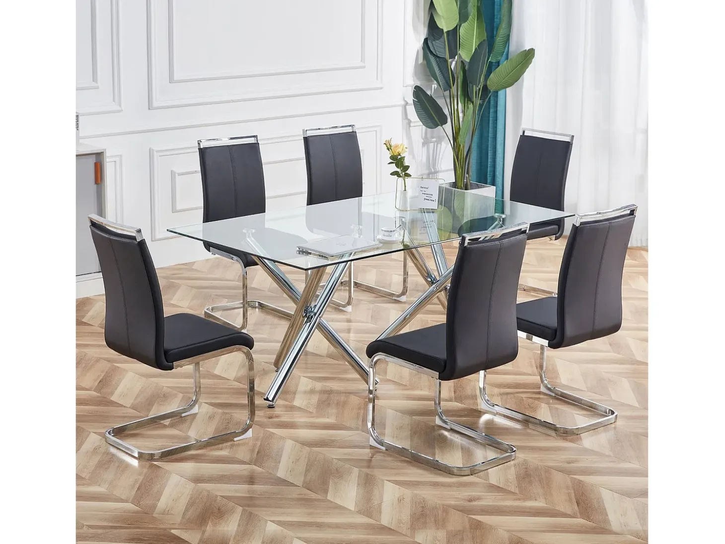 Juego de 4 sillas con base de trineo - Base de metal cromado que soporta hasta 120 kg, acolchado suave con funda de piel sintética - Color negro