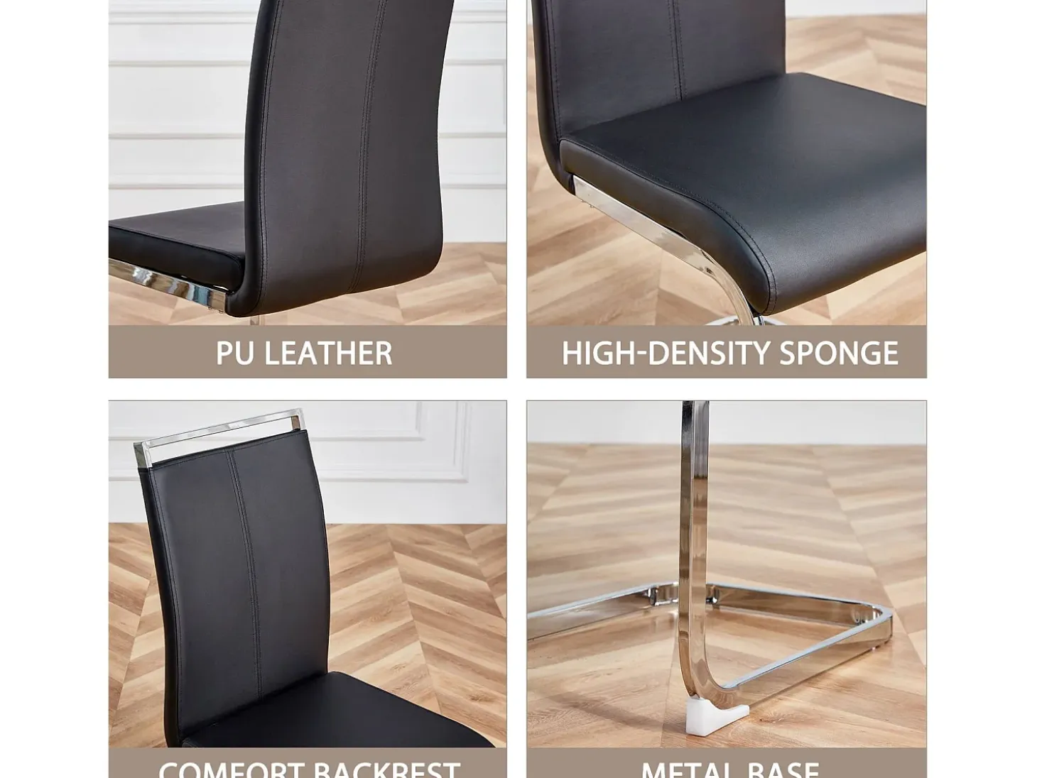 Juego de 4 sillas con base de trineo - Base de metal cromado que soporta hasta 120 kg, acolchado suave con funda de piel sintética - Color negro