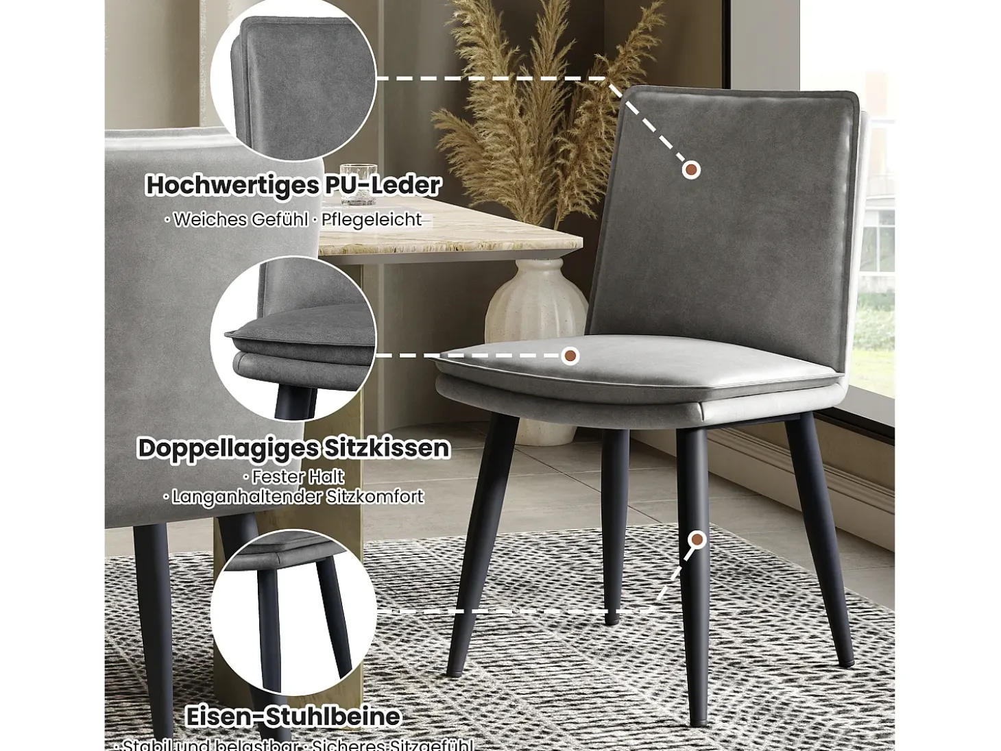 Juego de 4 sillas con cojines de asiento de doble capa - Polipiel y metal - Gris