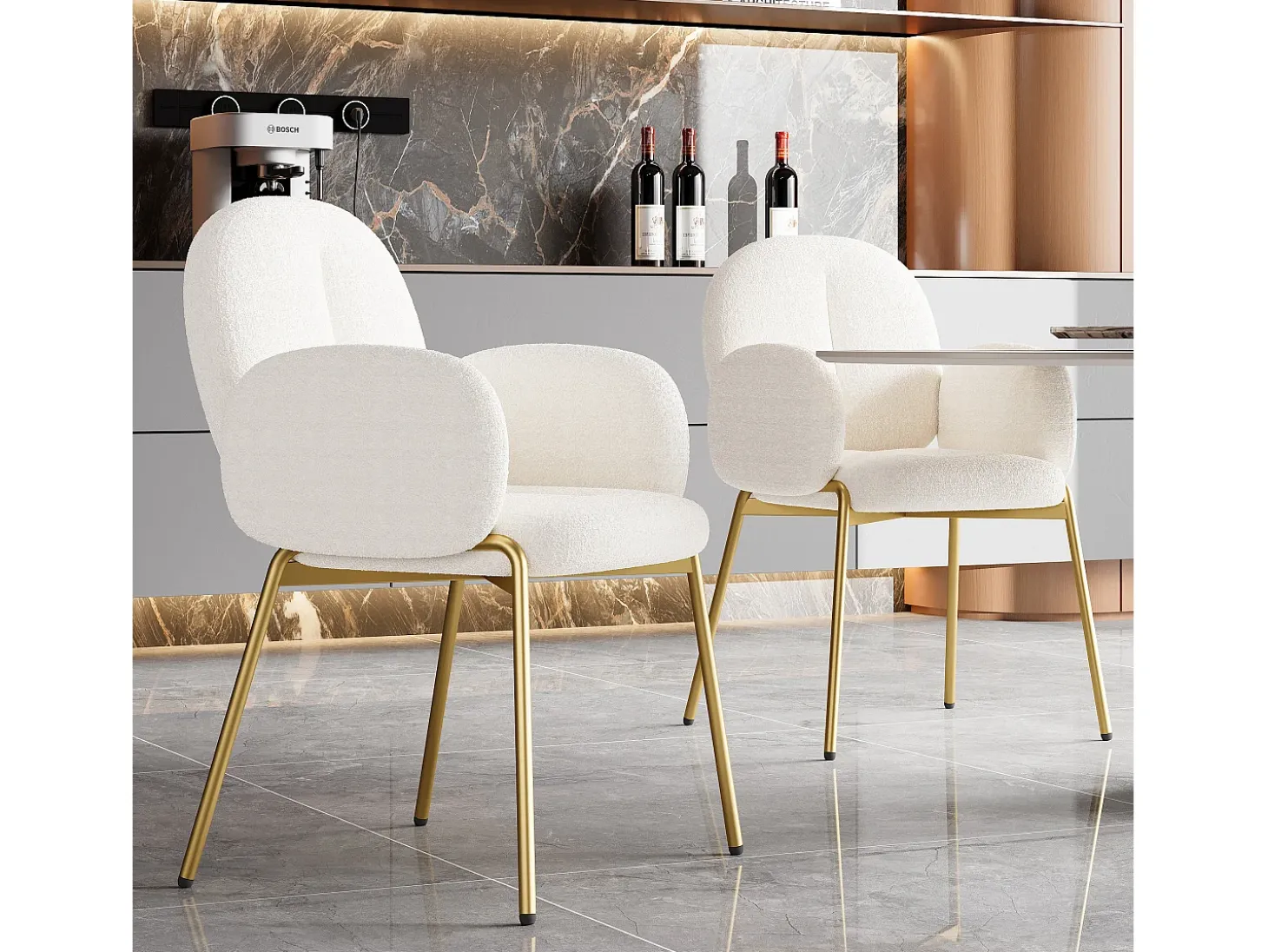 Juego de 2 sillas con patas de metal dorado - Tela Teddy Beige