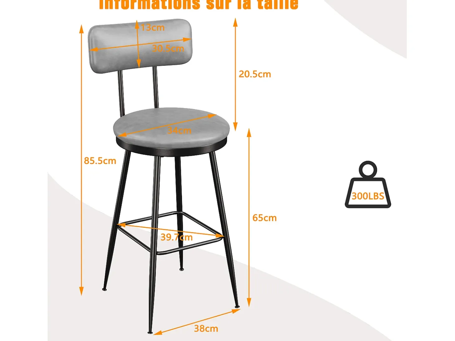 Juego de 2 sillas de bar, color gris, estilo industrial, respaldo de piel sintética, altura 65 cm