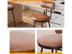 Juego de 4 sillas de bar con respaldo, piel sintética marrón, altura del asiento de 65 cm