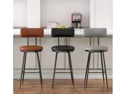 Juego de 4 sillas de bar con respaldo, piel sintética marrón, altura del asiento de 65 cm