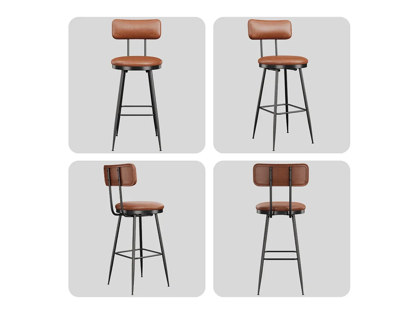 Juego de 4 sillas de bar con respaldo, piel sintética marrón, altura del asiento de 65 cm