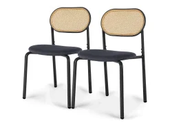 Juego de 2 sillas de cocina modernas con respaldo de ratán, patas de metal, color negro