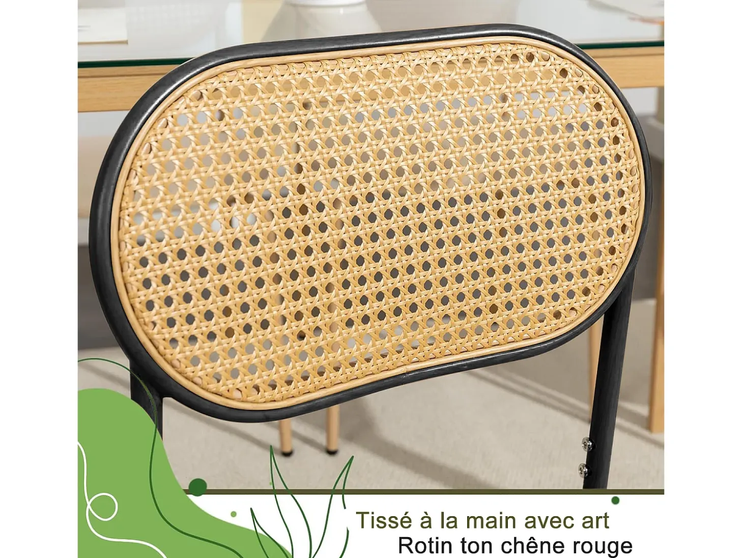 Juego de 2 sillas de cocina modernas con respaldo de ratán, patas de metal, color negro