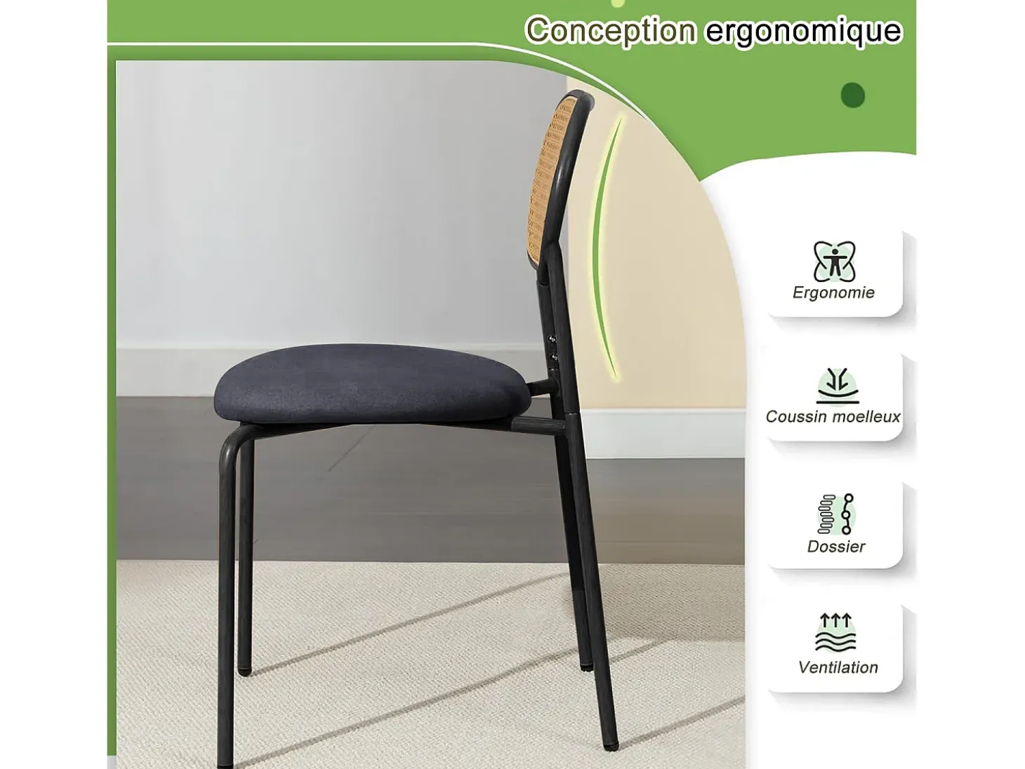 Juego de 2 sillas de cocina modernas con respaldo de ratán, patas de metal, color negro