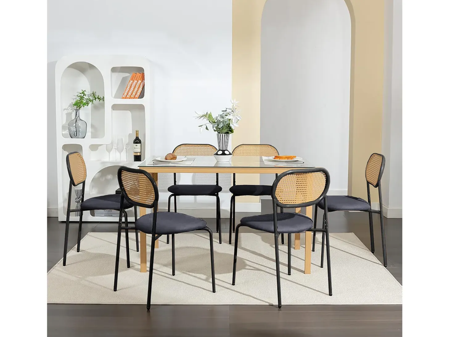 Juego de 2 sillas de cocina modernas con respaldo de ratán, patas de metal, color negro