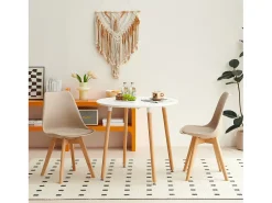 Juego de 4 Sillas de Cocina Retro Tapizadas en Tela Beige Claro - Patas de Madera de Haya Maciza