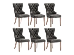 Juego de 6 sillas de cocina de terciopelo gris con detalles en tachuelas plateadas y patas de madera marrón.