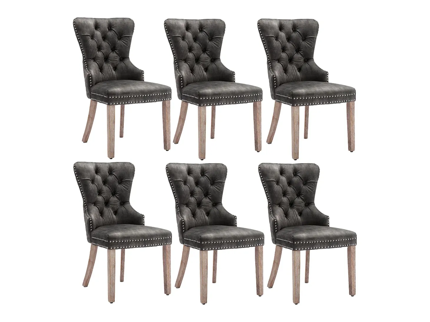Juego de 6 sillas de cocina de terciopelo gris con detalles en tachuelas plateadas y patas de madera marrón.