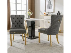 Juego de 2 sillas de cocina en terciopelo gris, estructura de metal dorado.