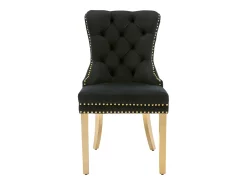 Juego de 2 sillas de cocina de terciopelo negro con estructura de metal dorado.