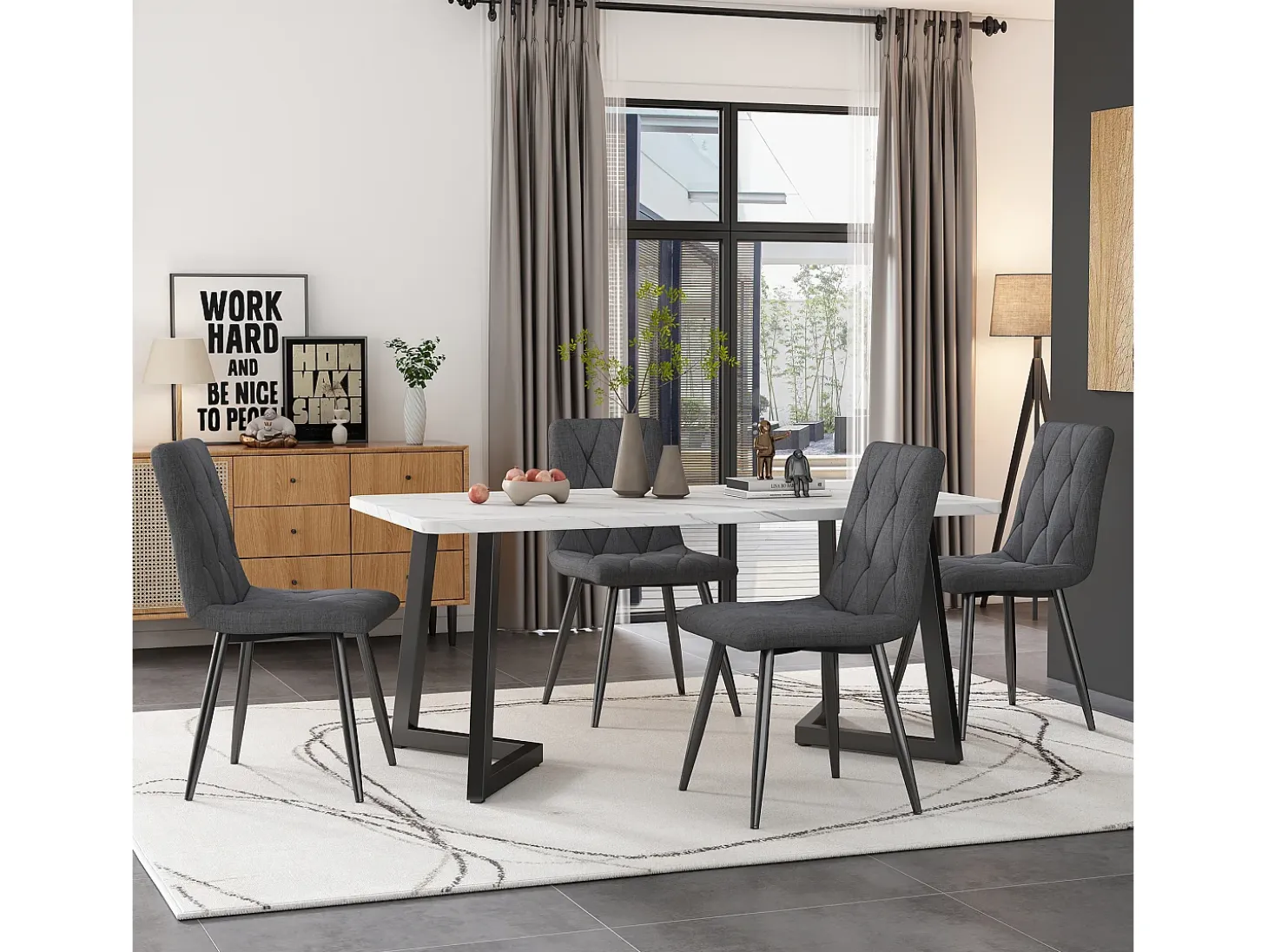 Juego de 4 sillas de cocina de lino y sarga gris con patas de metal negro