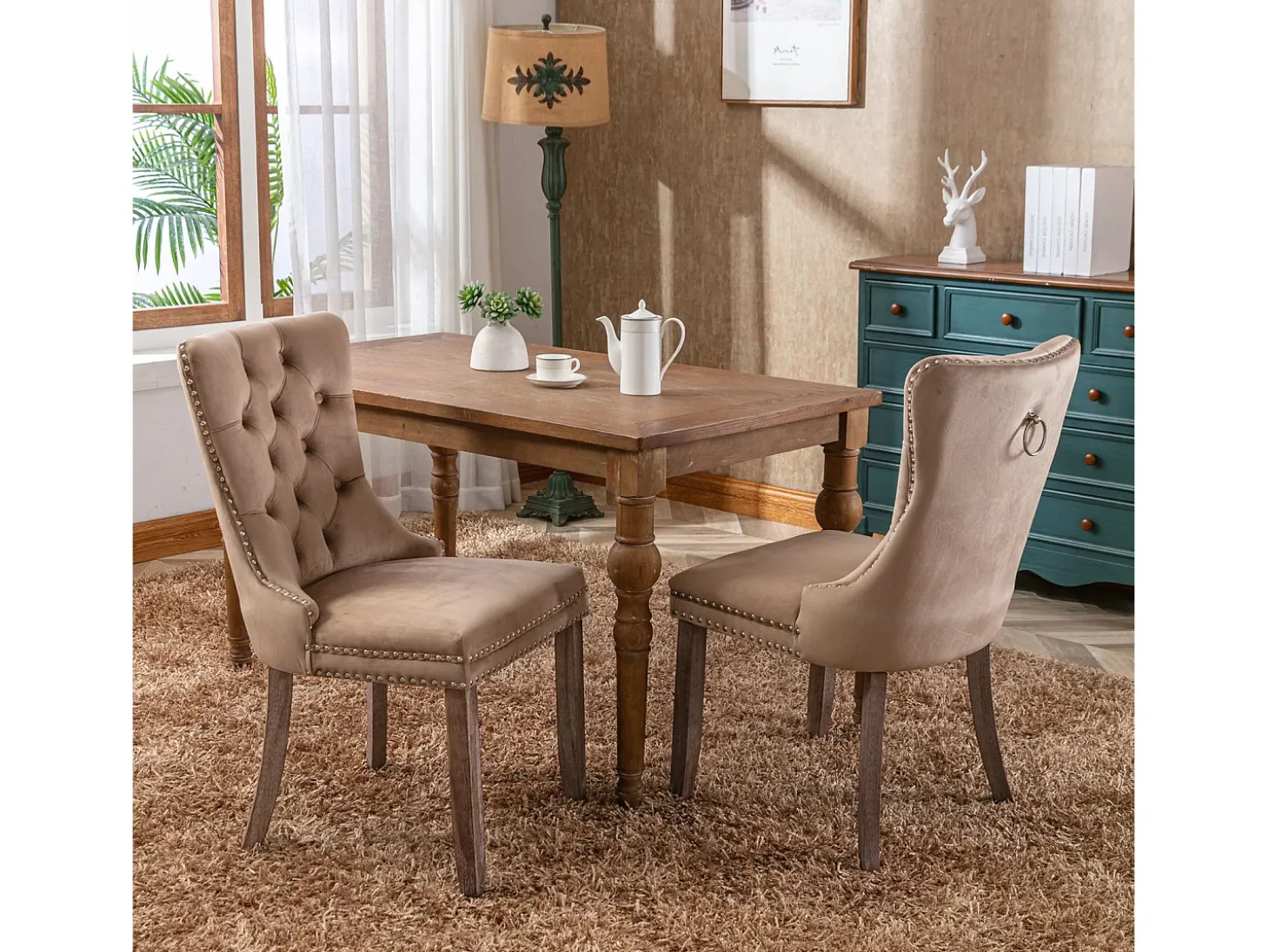 Juego de 2 sillas de comedor - Sillas con respaldo acolchado, patas de madera y ribete de tachuelas - terciopelo caqui