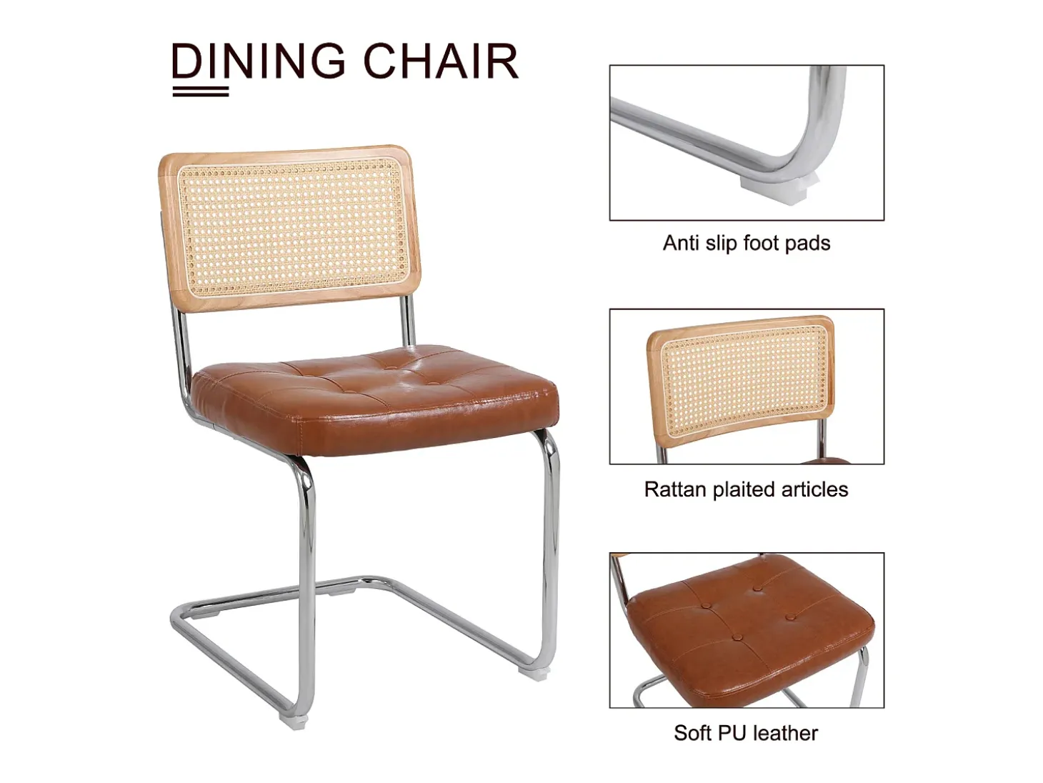 Juego de 2 sillas de comedor estilo mediados de siglo - Tapizadas en piel sintética y ratán - 50 x 61 x 86 cm, color marrón