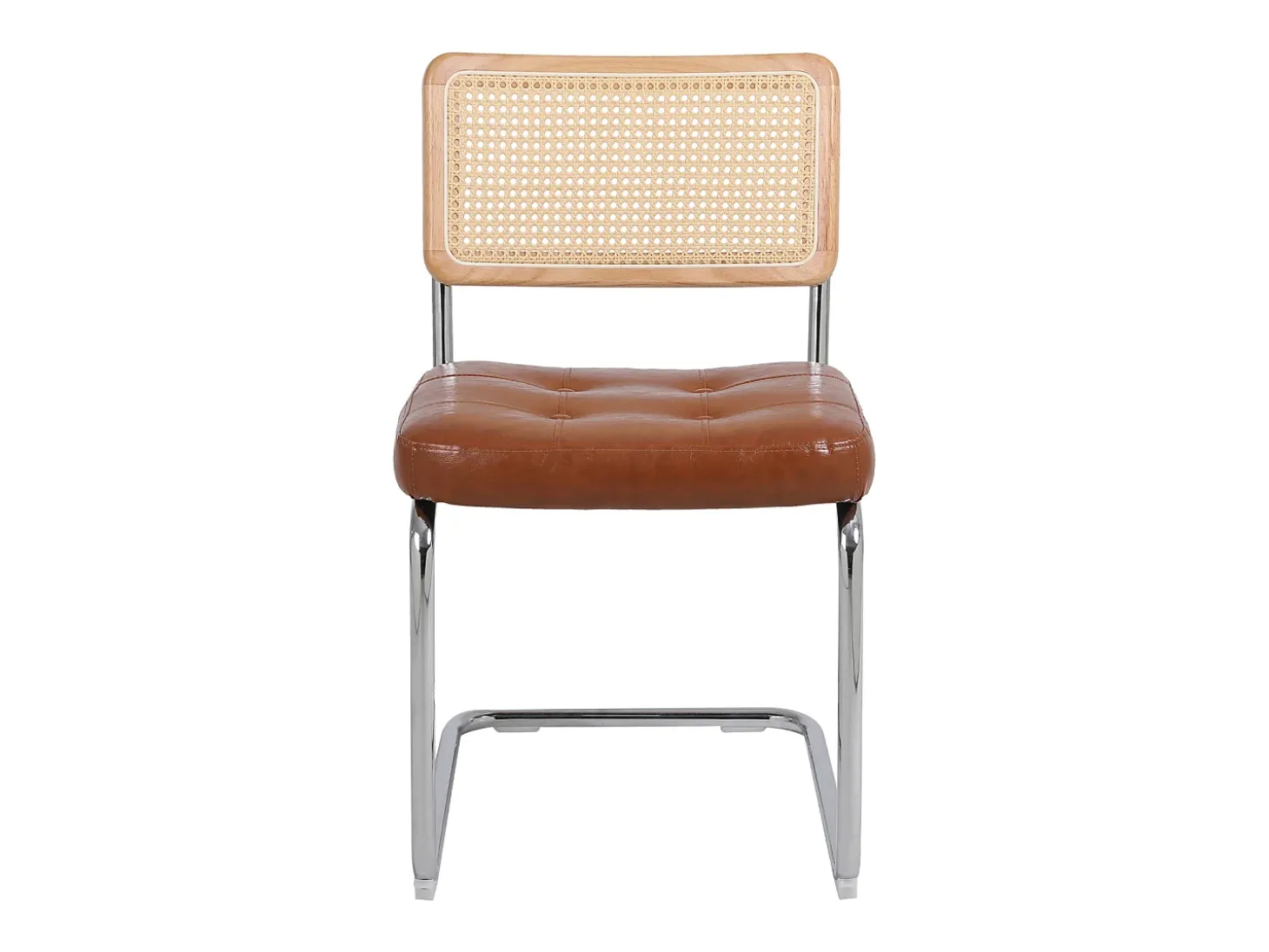 Juego de 2 sillas de comedor estilo mediados de siglo - Tapizadas en piel sintética y ratán - 50 x 61 x 86 cm, color marrón