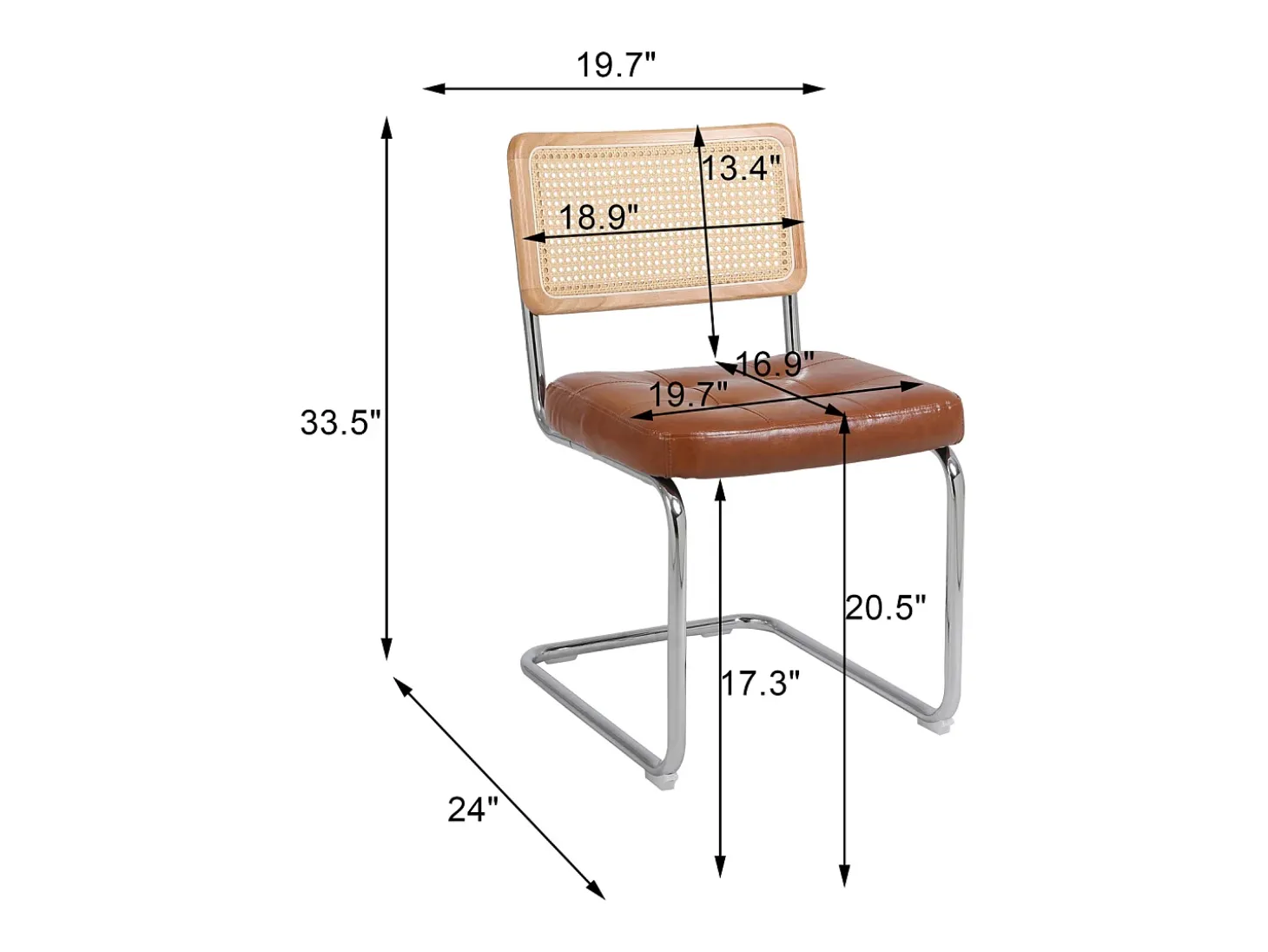 Juego de 2 sillas de comedor estilo mediados de siglo - Tapizadas en piel sintética y ratán - 50 x 61 x 86 cm, color marrón