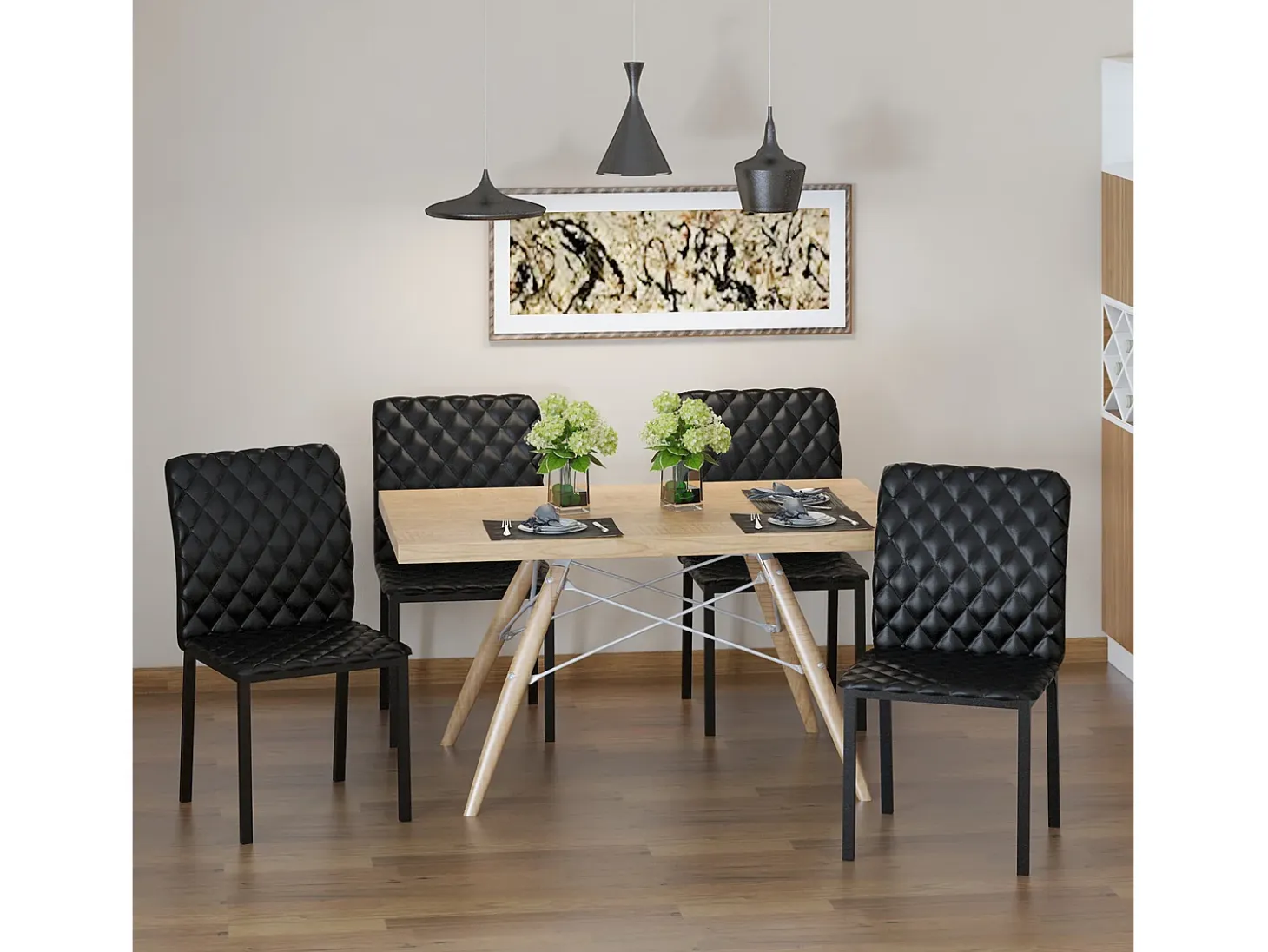 Juego de 4 sillas de comedor tapizadas, respaldo alto y patas de acero, color negro (41 x 50 x 91 cm)