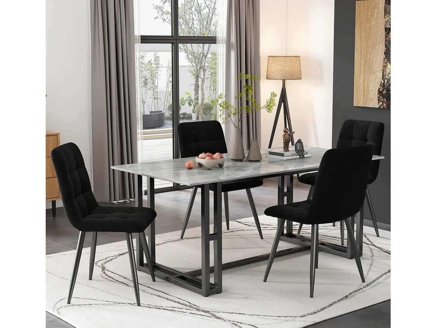 Juego de 4 sillas de comedor modernas tapizadas con respaldo - terciopelo - negro - Para cocina, salón