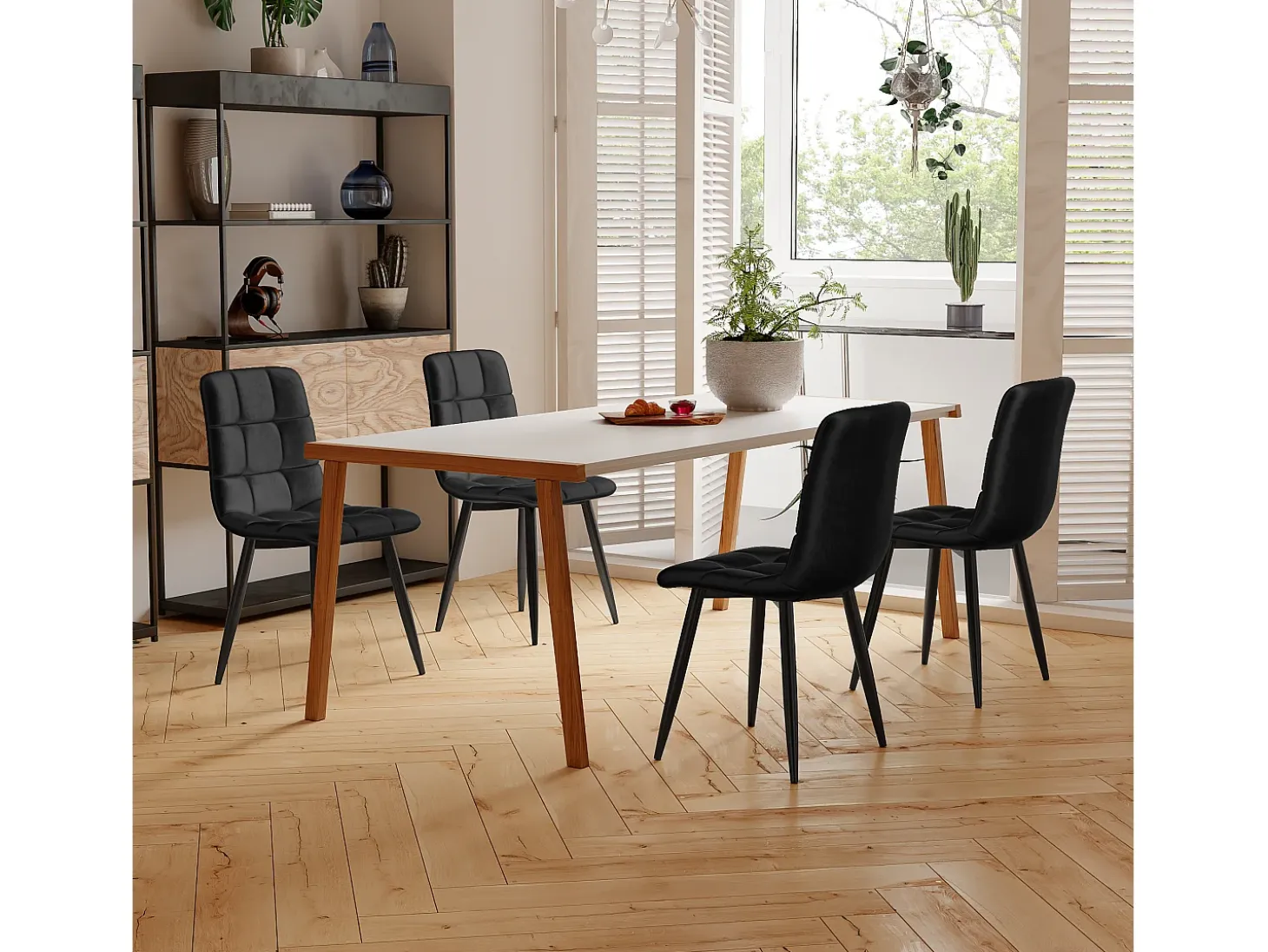 Juego de 4 sillas de comedor modernas tapizadas con respaldo - terciopelo - negro - Para cocina, salón