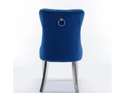 Juego de 2 sillas de comedor en terciopelo azul con respaldo acolchado y patas de metal plateado