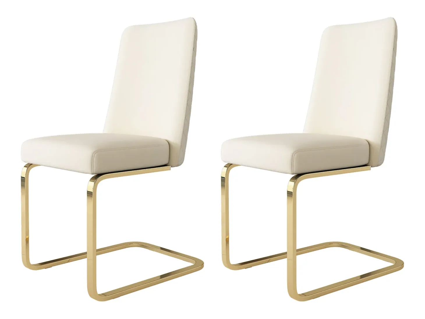 Juego de 2 sillas de comedor en terciopelo beige con respaldo tapizado y patas doradas.