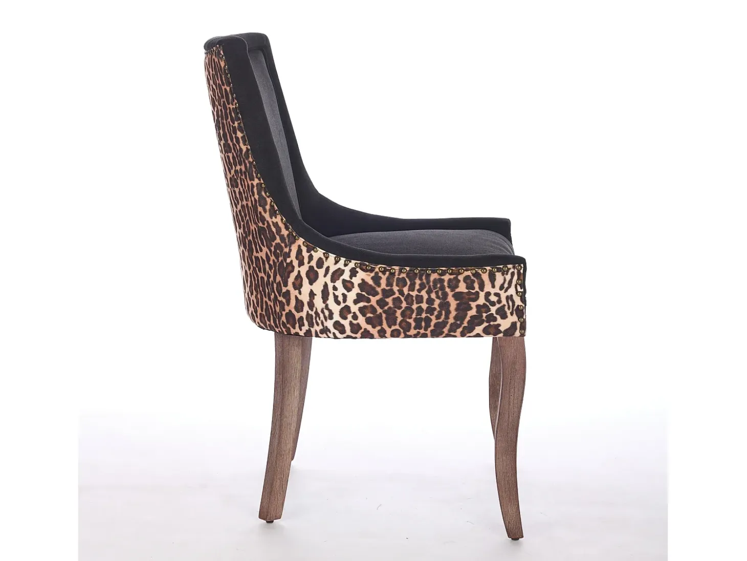 Juego de 2 sillas de comedor en chenilla con tachuelas decorativas y respaldo - negro y estampado leopardo