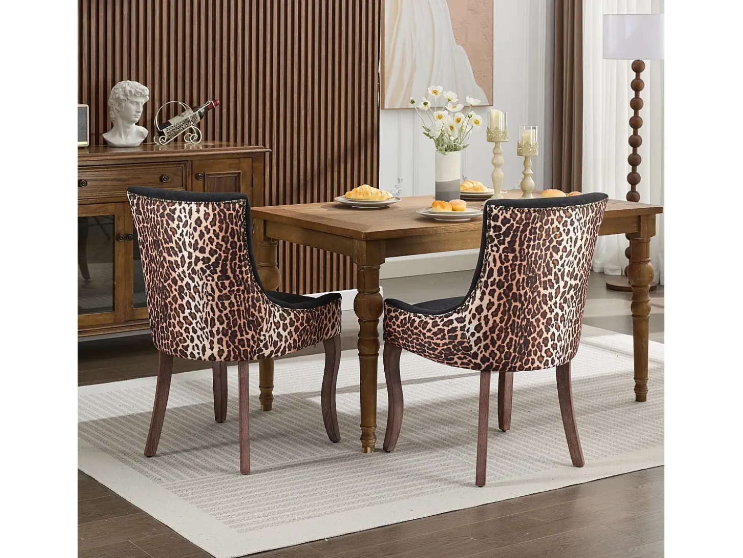 Juego de 2 sillas de comedor en chenilla con tachuelas decorativas y respaldo - negro y estampado leopardo