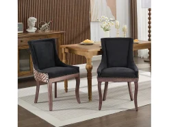 Juego de 2 sillas de comedor en chenilla con tachuelas decorativas y respaldo - negro y estampado leopardo