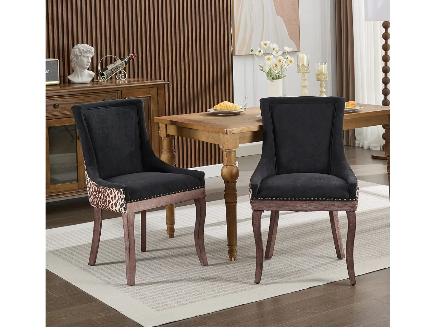 Juego de 2 sillas de comedor en chenilla con tachuelas decorativas y respaldo - negro y estampado leopardo