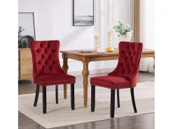 Juego de 2 sillas de comedor - Sillas con respaldo acolchado, patas de madera y ribete de tachuelas - terciopelo burdeos