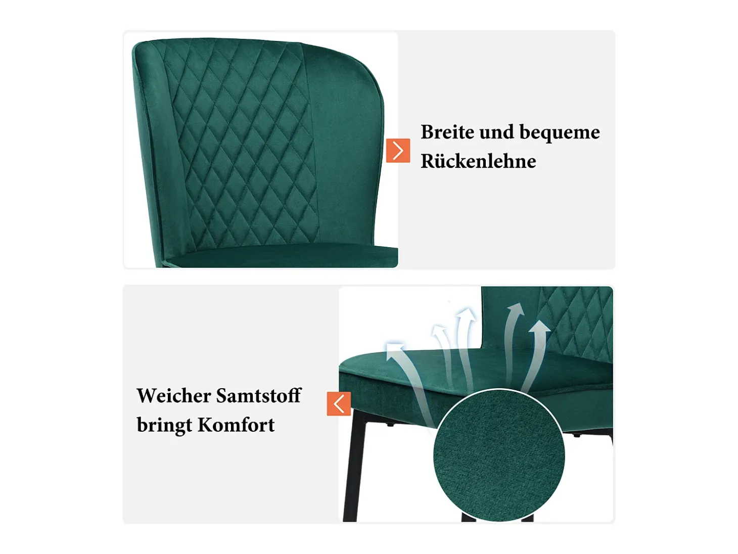 Juego de 2 sillas de comedor, verde oscuro, diseño de silla tapizada con respaldo, terciopelo, estructura de metal
