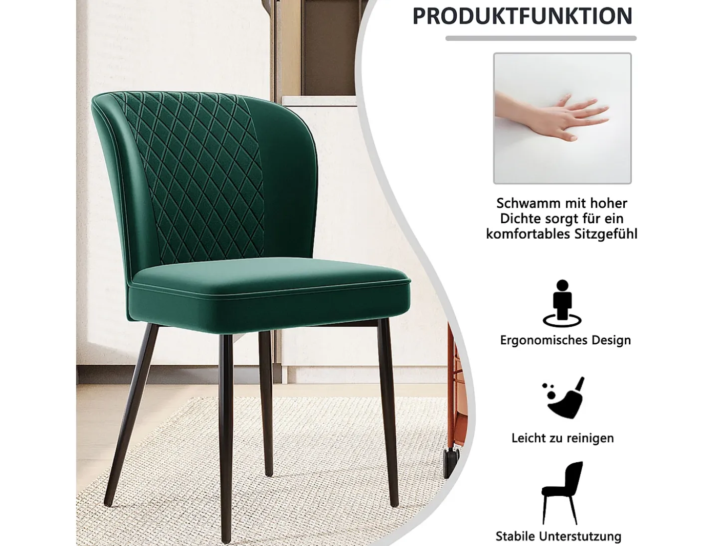 Juego de 2 sillas de comedor, verde oscuro, diseño de silla tapizada con respaldo, terciopelo, estructura de metal